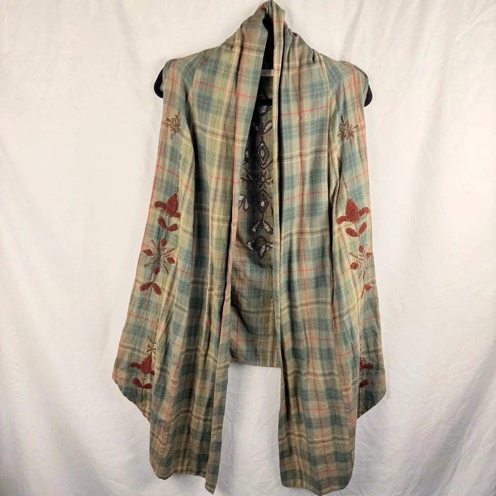 Kyla Seo Embroidered‎ Plaid Lagenlook Vest Small Green Brown Boho Fairygrunge